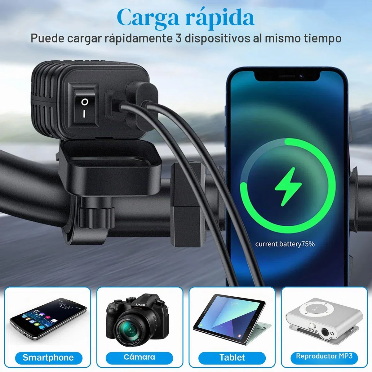 Idota - Enchufe USB impermeable para moto con interruptor de encendido/apagado y cable de carga rápida tipo C Multi USB para moto y autocaravanas