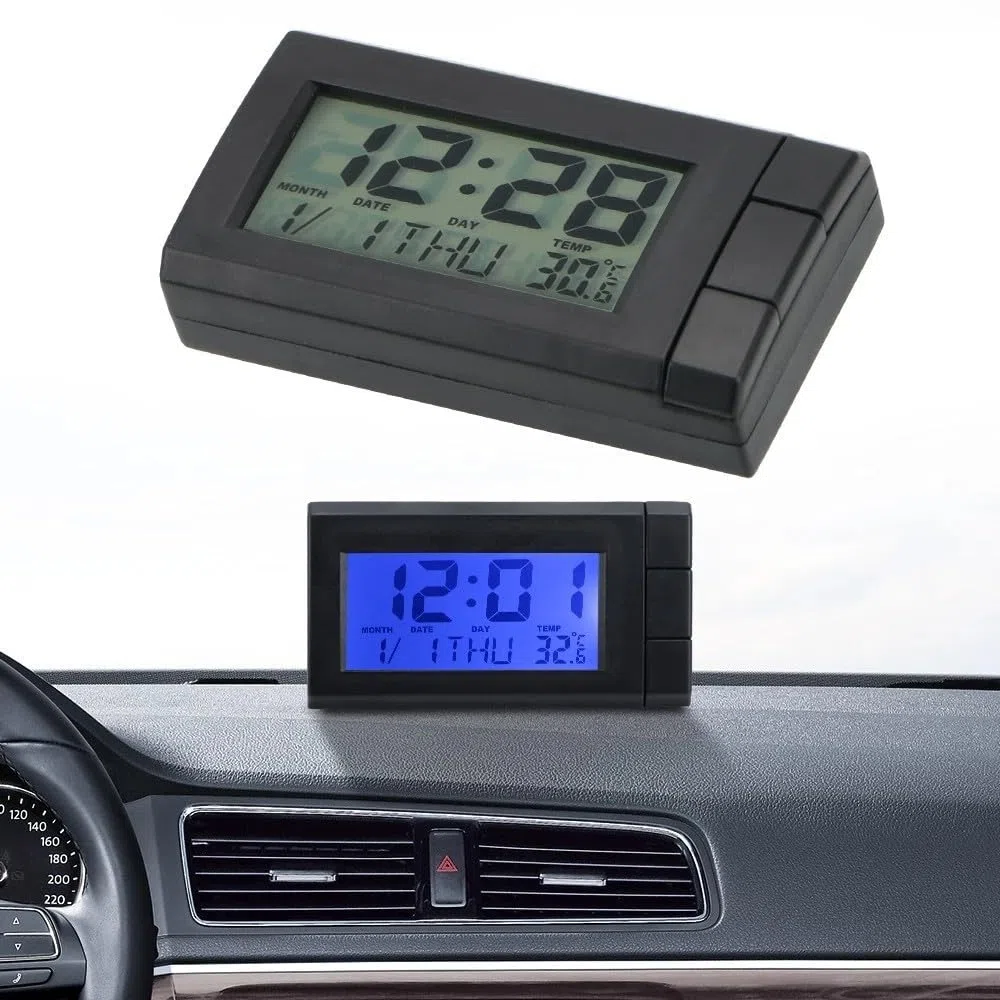 Yhenlovtt Reloj de pantalla digital LCD para coche con calendario y termómetro, soporte ABS para salpicadero, fecha y función para vehículos
