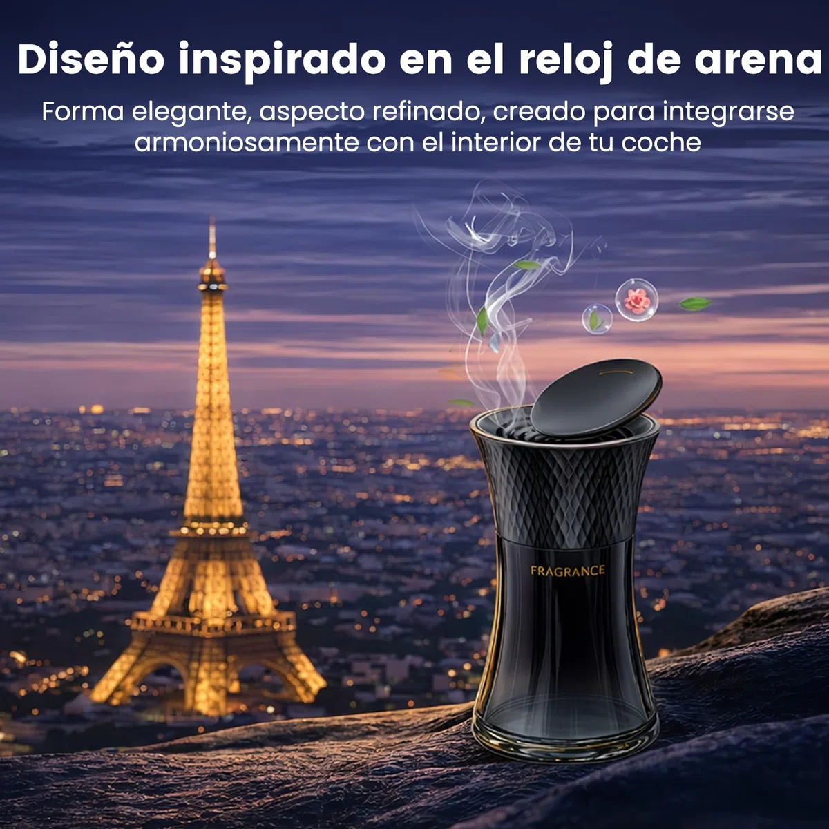 Ambientador Coche 110 ml, Diseño de Reloj de Arena Inspirado en la Torre Eiffel, Difusor de Perfume para Portavasos, Fragancia Fresca de Cítricos, Perfume Coche de Larga Duración para SUV y Camión