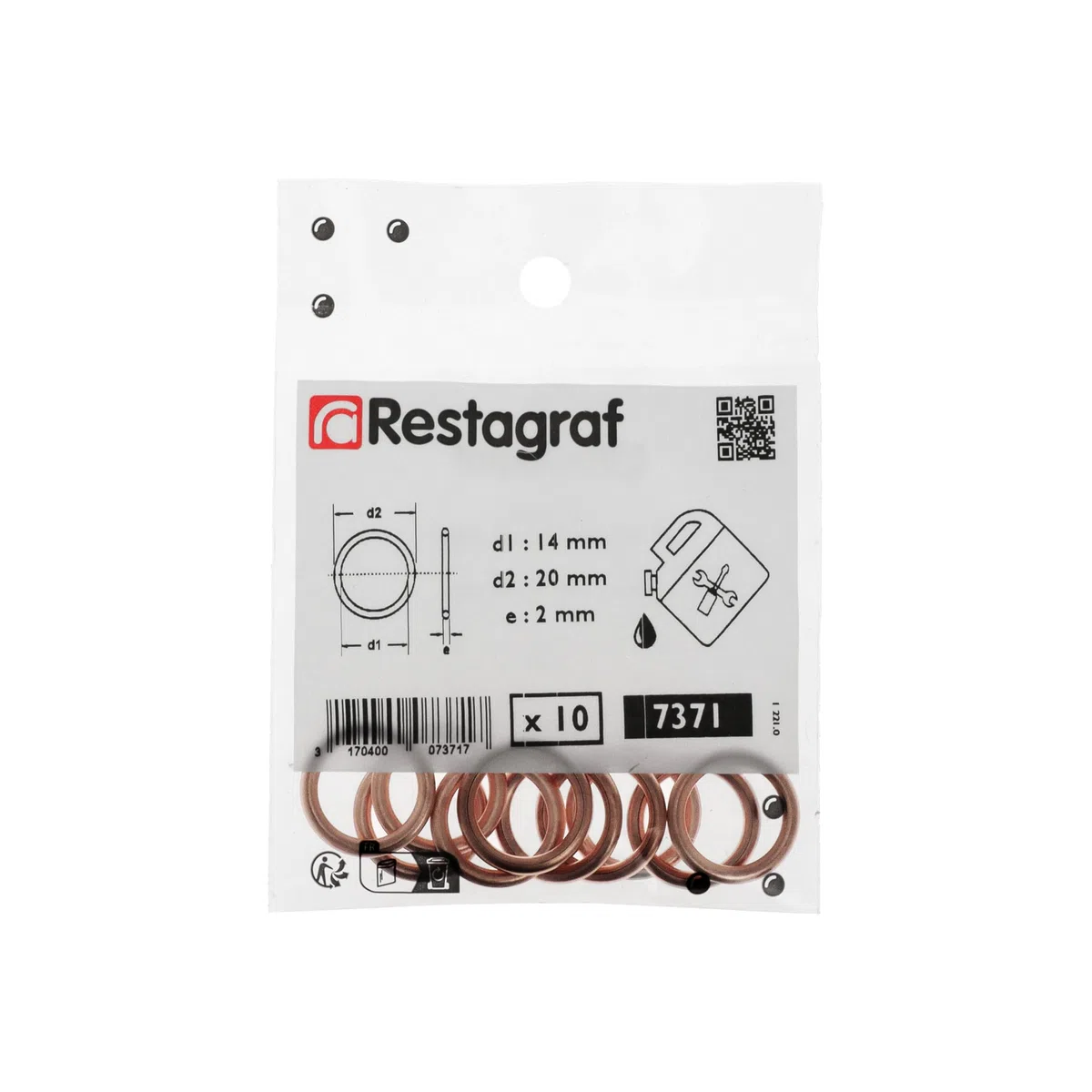 Restagraf – Junta de drenaje de cobre redondo – Diam. 14 x 20 x 2 mm. Compatible con un gran número de vehículos y motores. Ref. 7371 – Bolsa de 10