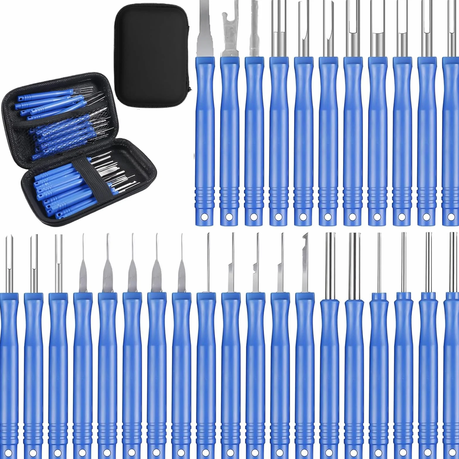 30 Piezas Kit Herramientas Eliminacion Terminales con Caja Protectora, Set Herramienta Extracción Pines Cable Coche, Juego Desmontaje Desbloqueo Automóviles para Mayoría Terminales Conector (Azul)
