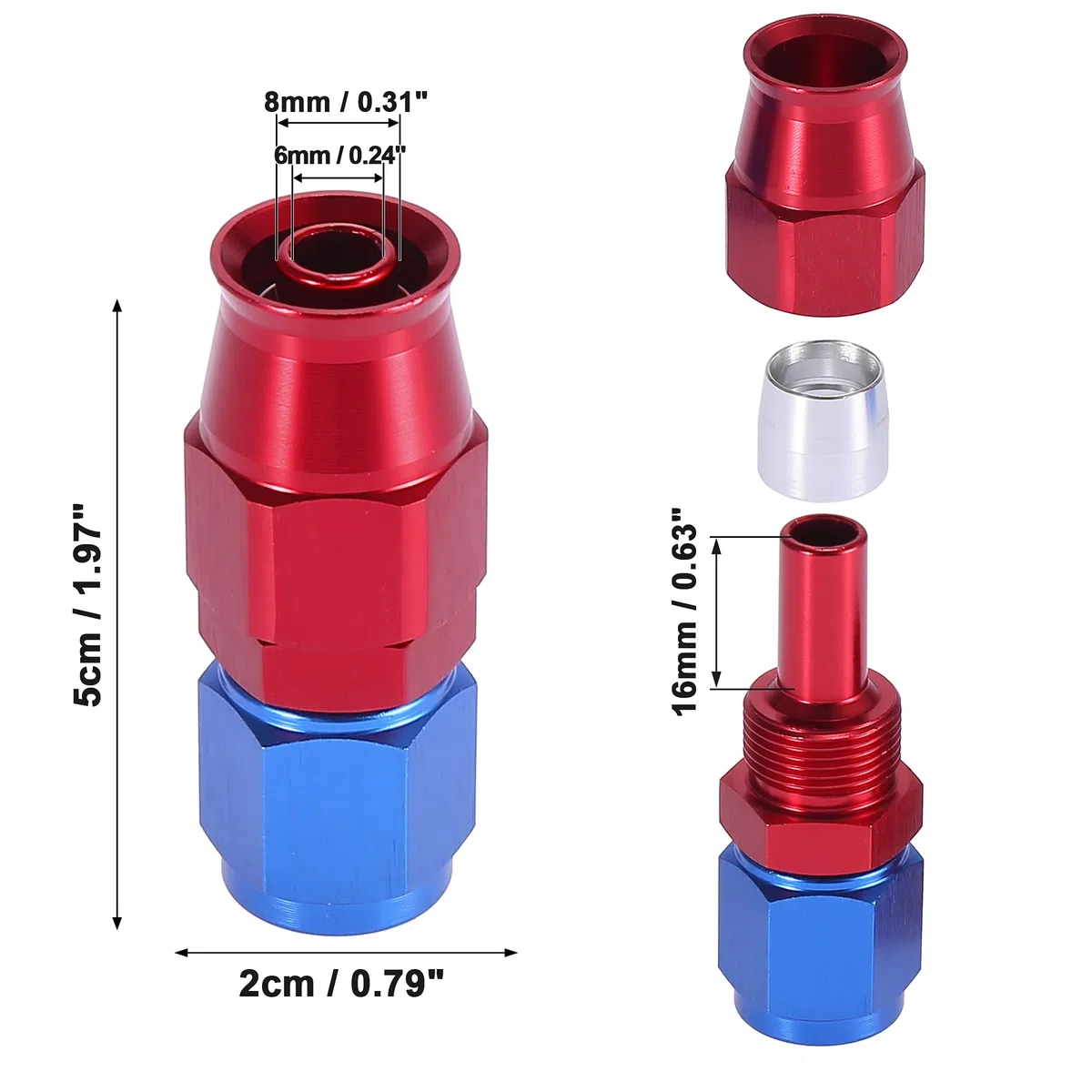 X AUTOHAUX 2 piezas AN6 de 0 grados, conector giratorio para manguera de coche, para línea PTFE, rojo y azul