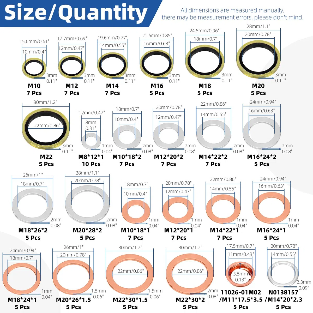 Glarks 143pcs 10 tamaños Automotive Oil Drain Plug Kit M8 M10 M12 M14 M16 M18 M20 M22 Aluminio Cobre Acero Aceite Crush Washer Seal Oil Drain Plug Crush arandela