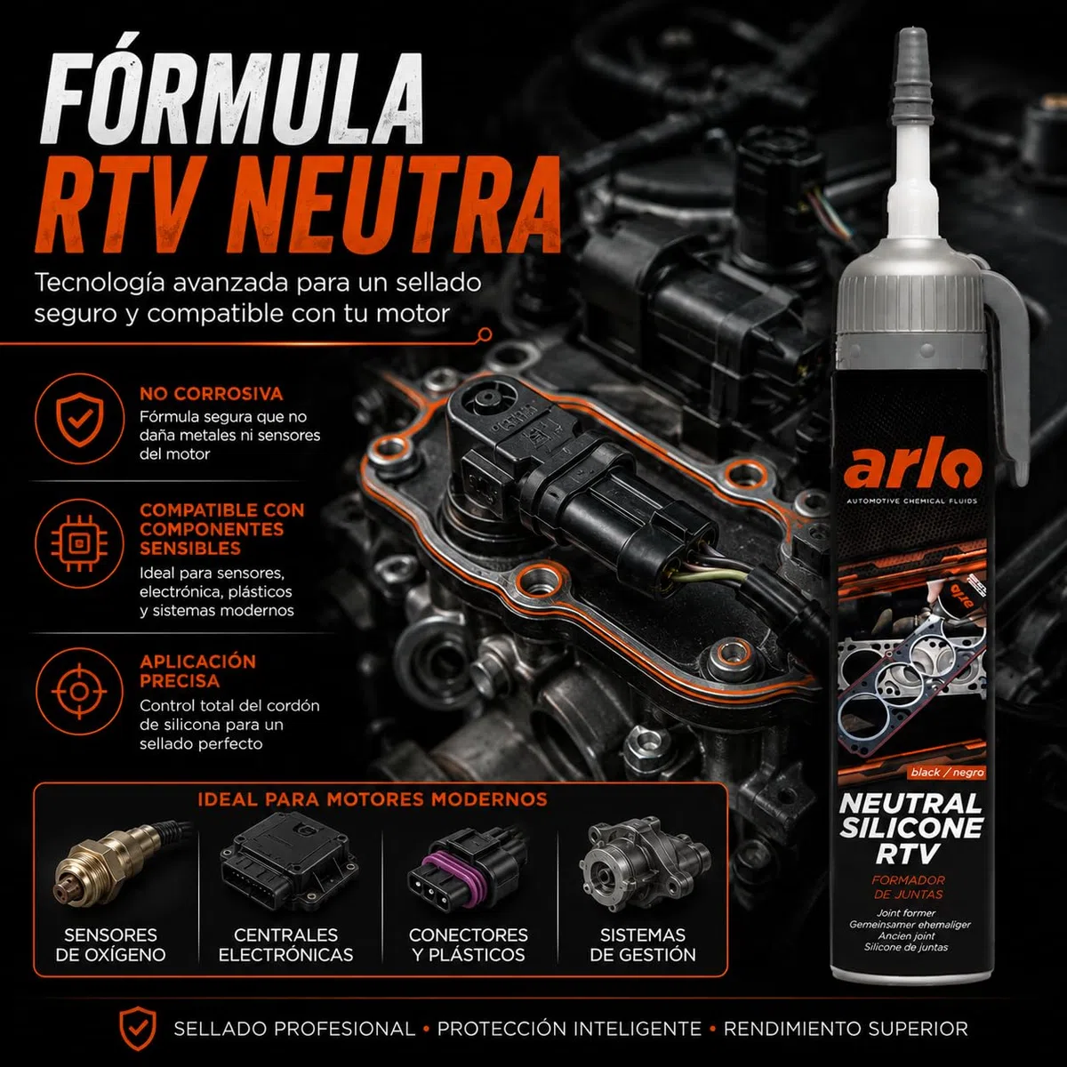 Arlo Formador de Juntas Silicona RTV Alta Temperatura para Motor y Cárter, Sellador Negro 200 ml
