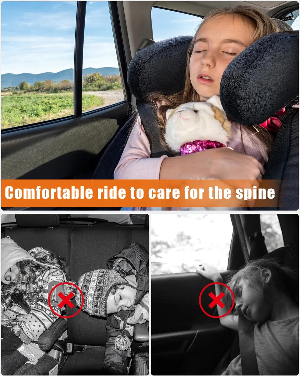 Zawaer Reposacabezas Coche, Reposacabezas Coche Niño, Reposacabezas Lateral Del Coche, Soporte Cabeza Niño Coche, 360 Grados Ajustable de Cuero Transpirable Apoya Cabeza Coche para Adultos Niño.negro