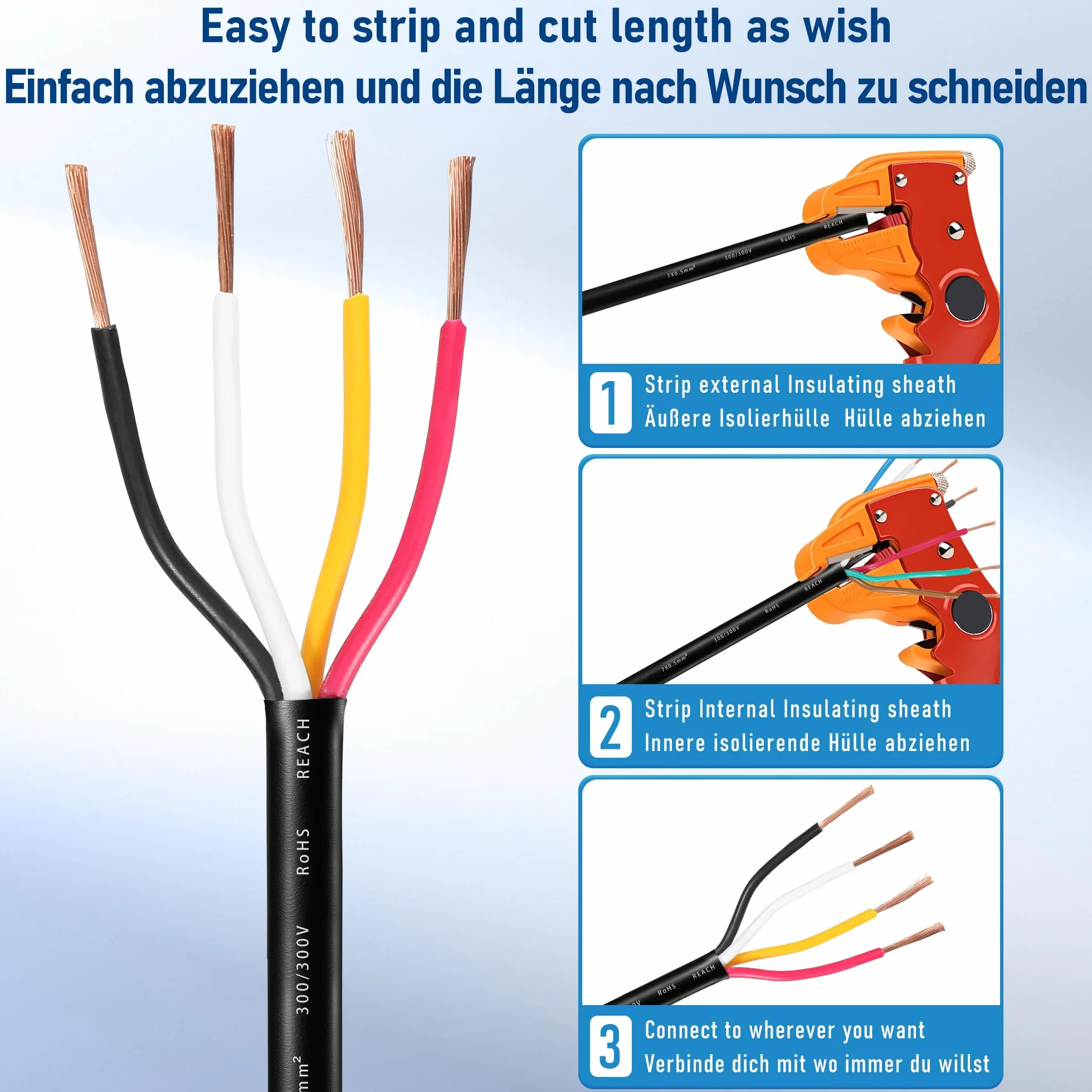 Cable de 4 Hilos para Remolque 5M,Cable de 4 núcleos Enchufe de Remolque,Cable Luces Remolque 4 Polos 12V 24V 48V 80V,Cable eléctrico para vehículo 4 x 0,75 mm²