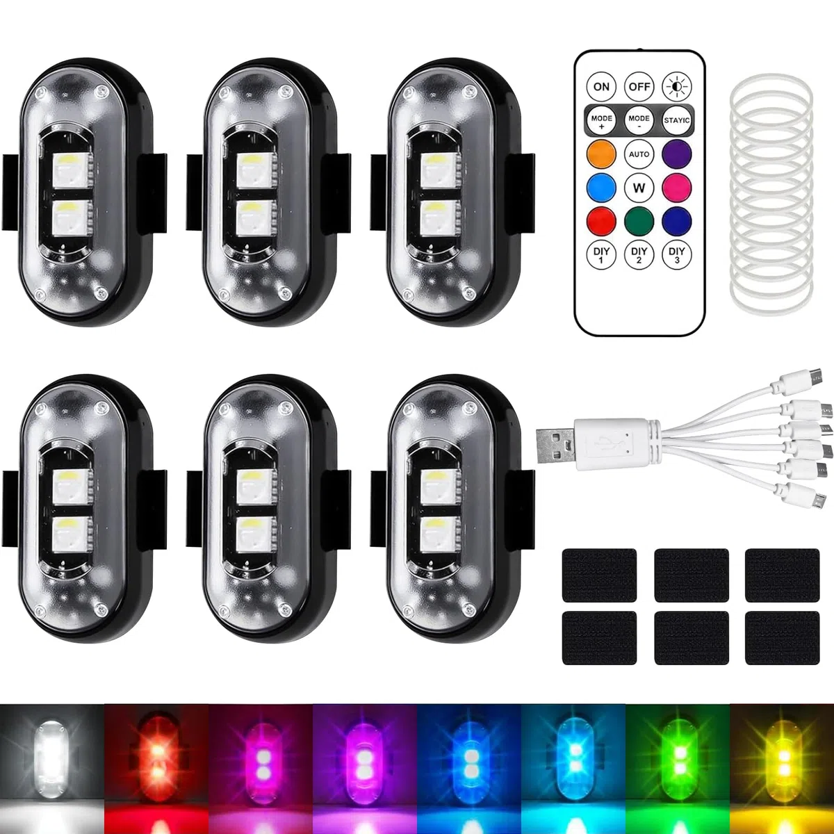 6 Piezas Luces Estroboscópicas LED, 8 Colores Inalámbrico Lampada Stroboscopica LED Impermeable con Mando a Distancia, Carga USB, para dron, camión, Motocicleta y Bicicleta