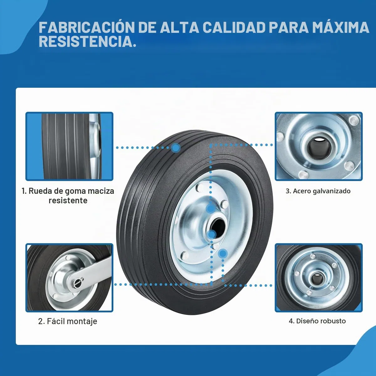 Rueda de repuesto para rueda de apoyo, 200 x 50 mm, neumáticos de goma maciza sobre llanta de acero para remolques y caravanas, carga de apoyo de 150 kg, pieza de repuesto robusta
