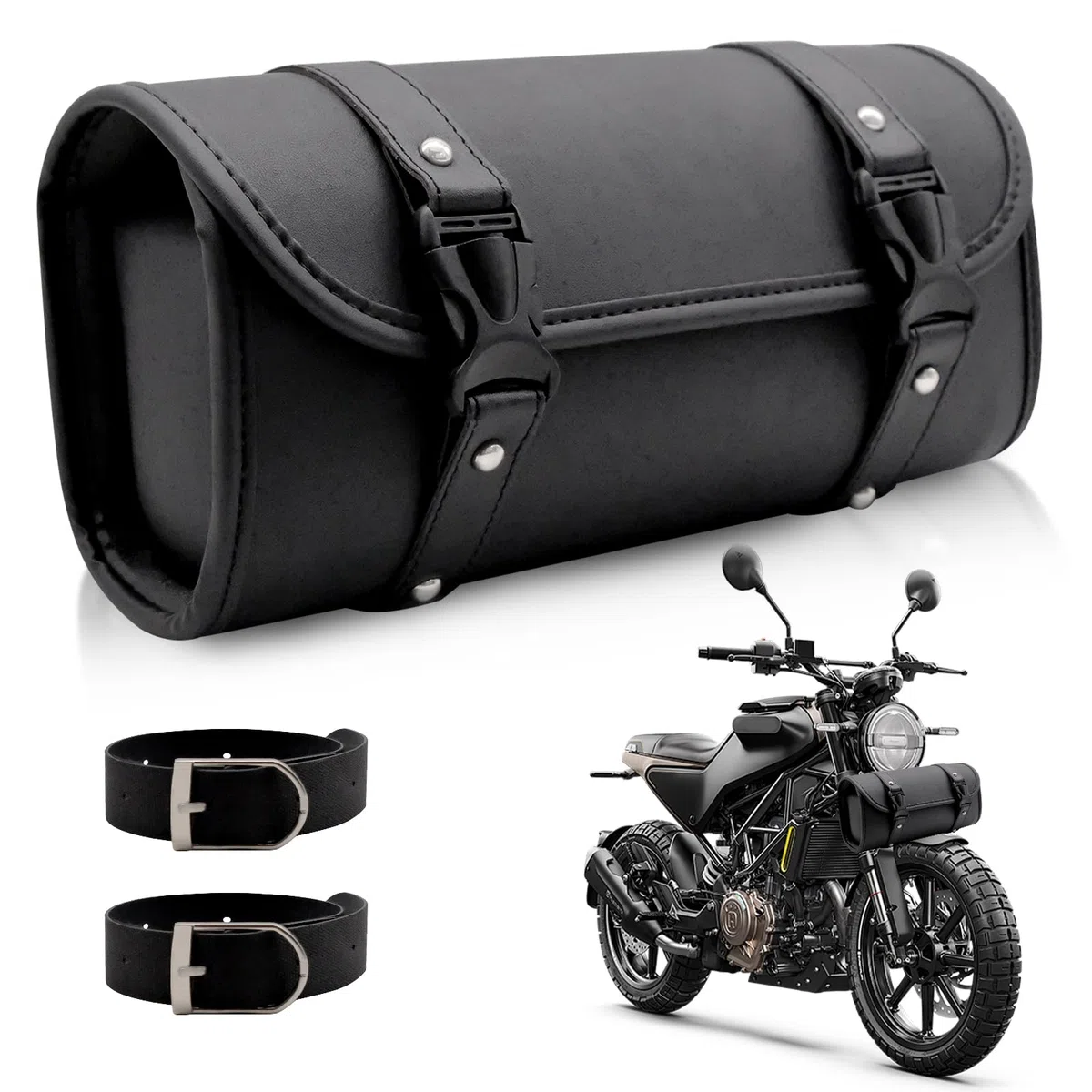 Bolsa de Herramientas para Motocicleta de Cuero PU - Bolsa de Sillín, con 2 Correas de Sujeción, Compatible con Manillar y Horquilla (para Harley, Yamaha, Honda, Kawasaki)