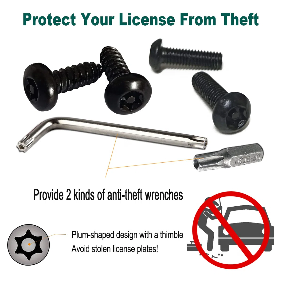 Tuersan Tornillos antirrobo para matrícula, tornillos de seguridad negros para soporte de marco de etiqueta delantera y trasera, kit de accesorios de montaje de acero inoxidable M6 de 1/4 pulgadas