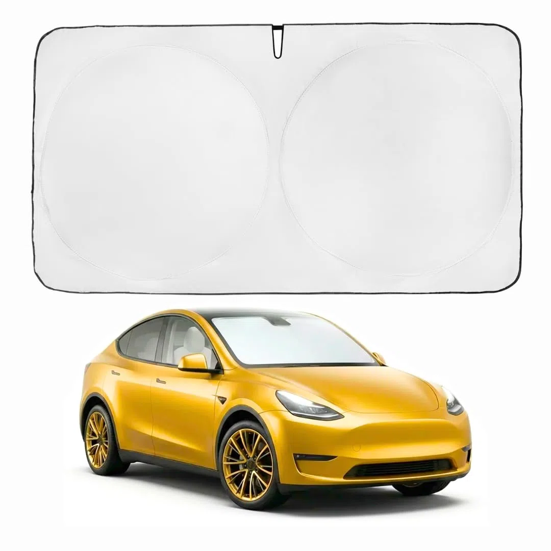Parasol para Parabrisas Patentado Kinder Fluff para Tesla Model 3/Y | Parasol Coche Protección Solar 99% UVR | Interior Fresco | Visera Plegable | Accesorios Auto Verano | Protector Solar 142x95 cm