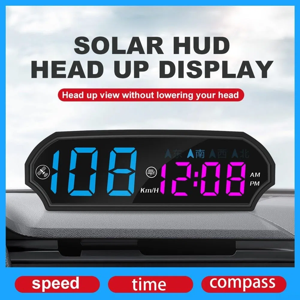 Coche solar HUD con velocímetro GPS y brújula, pantalla LED multicolor inteligente de detección de luz para salpicadero de vehículo