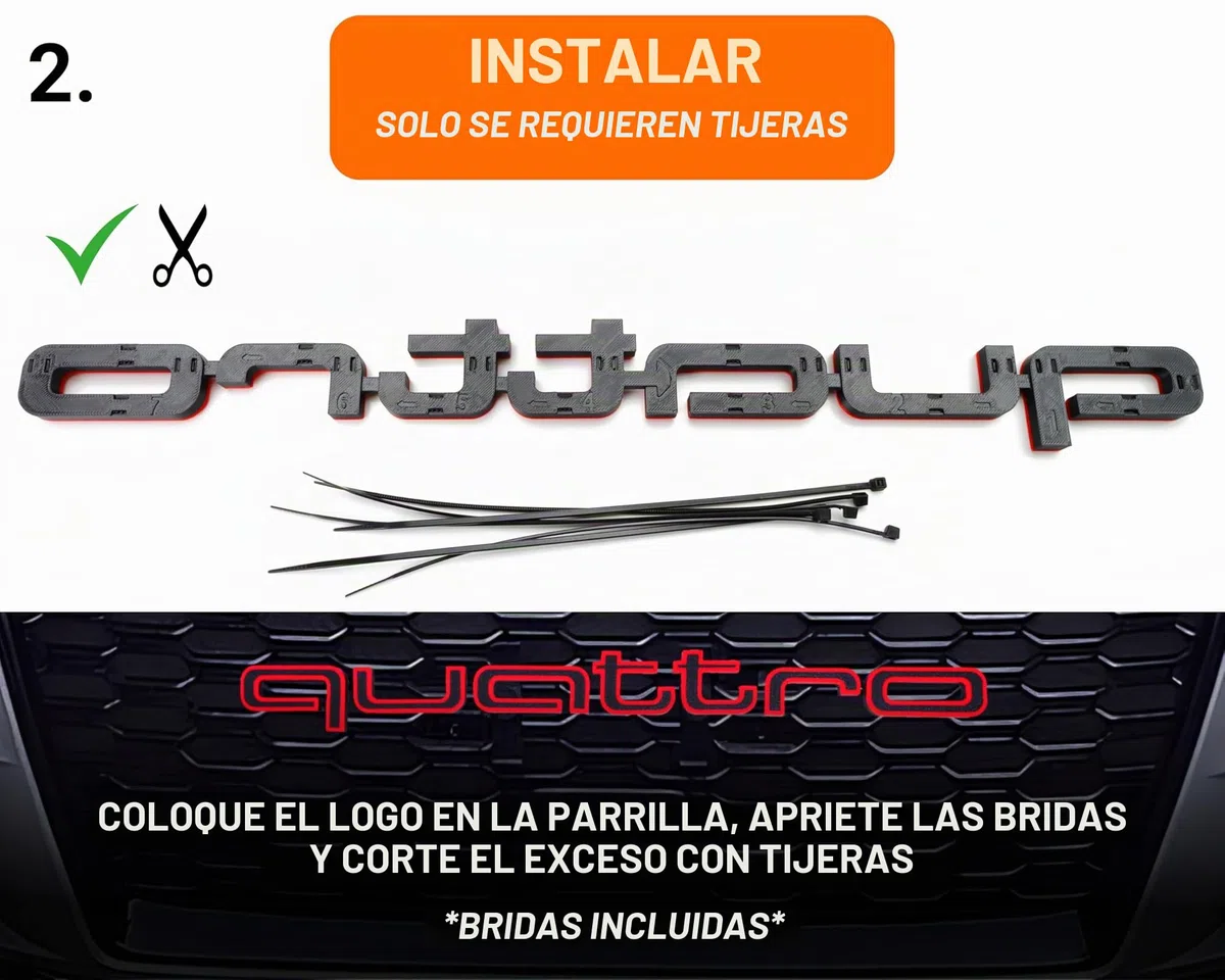 Inscripción QUATTRO compatible con Audi, accesorio emblema negro con bordes rojos, instalación con abrazaderas, logotipo tuning