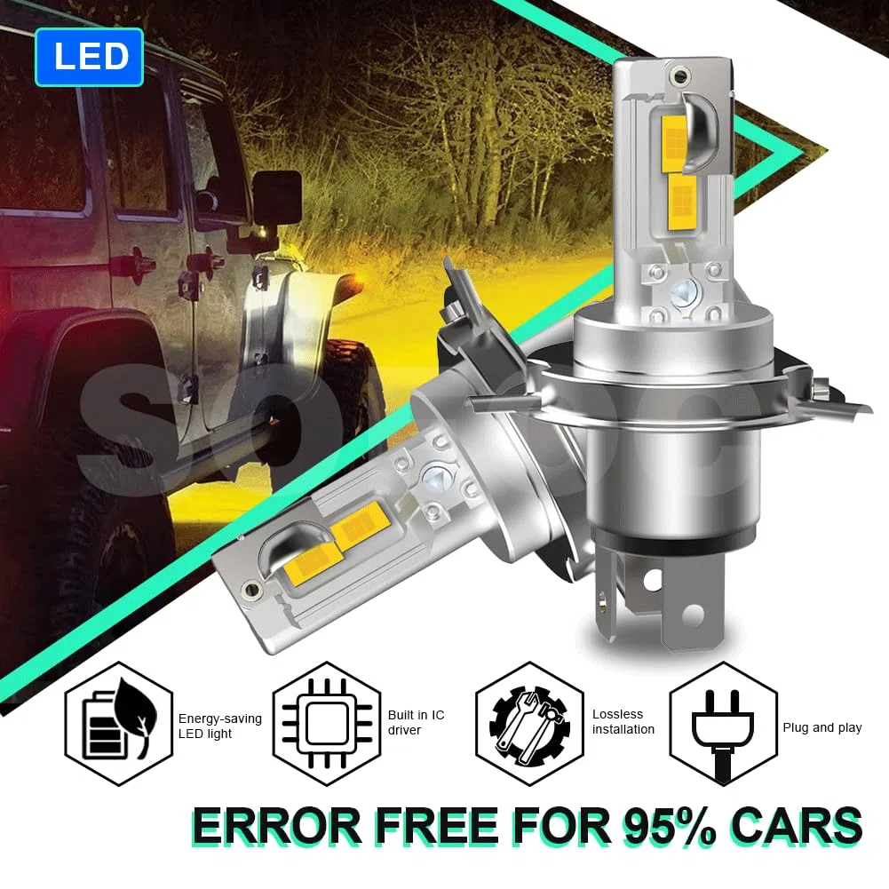 SOFOC H4 Bombilla 9003/HB2 Led 500% Más Brillante Que Las Halógenas Faros Antiniebla Para Motocicletas/Automóviles Amarillo DC 12V-18V 60W 4000 Lm P43T Diseño De Haz Alto Y Bajo 1Pcs