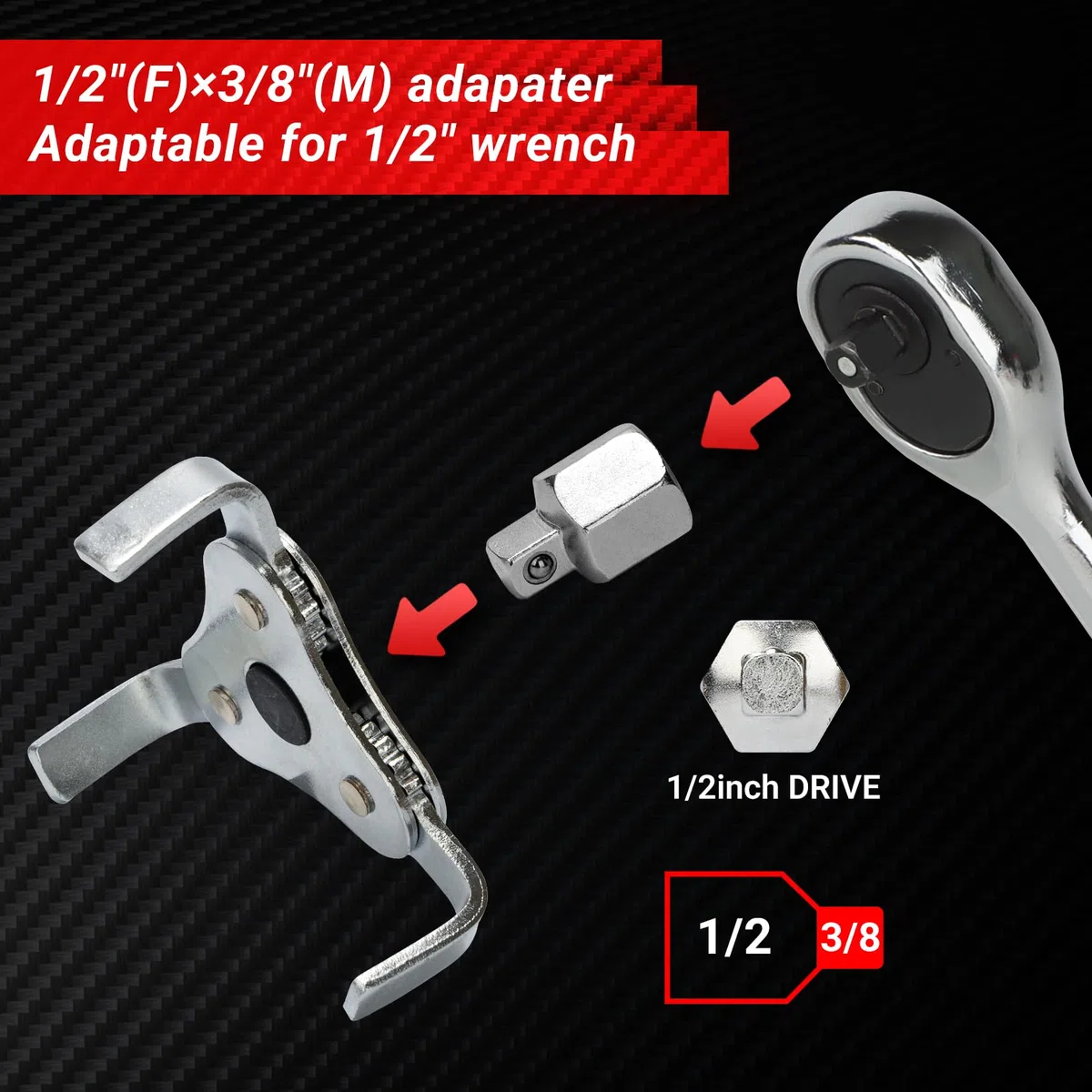 Shall Alicates de filtro de aceite ajustables de 12 pulgadas con 1 llave de filtro de aceite de 3 mandíbulas, Hilo interior de 1/2 pulgadas a hilo exterior de 3/8 pulgadas
