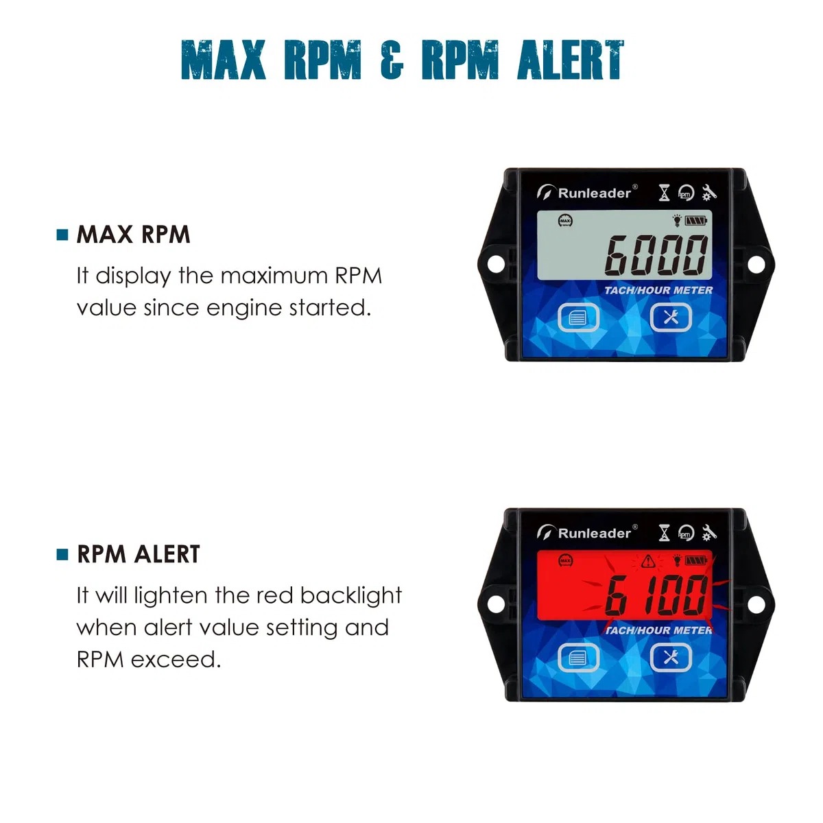 Runleader RL-HM011J – Cuenta Horas con Tacómetro Digital IP65, Impermeable, con Recordatorio de Mantenimiento para Motocicleta, ATV, Generador y Tractor Cortacésped