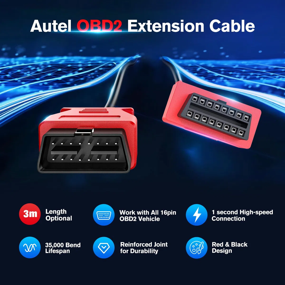 Autel Cable Extensión OBD2 9.8 Pies/ 3M, Cable Extensión Diagnóstico OBDII Macho a Hembra 16 Pines, Adaptador Cable OBD2 para Herramienta Escaneo OBD II Compatible con Todos Vehículos OBD 2