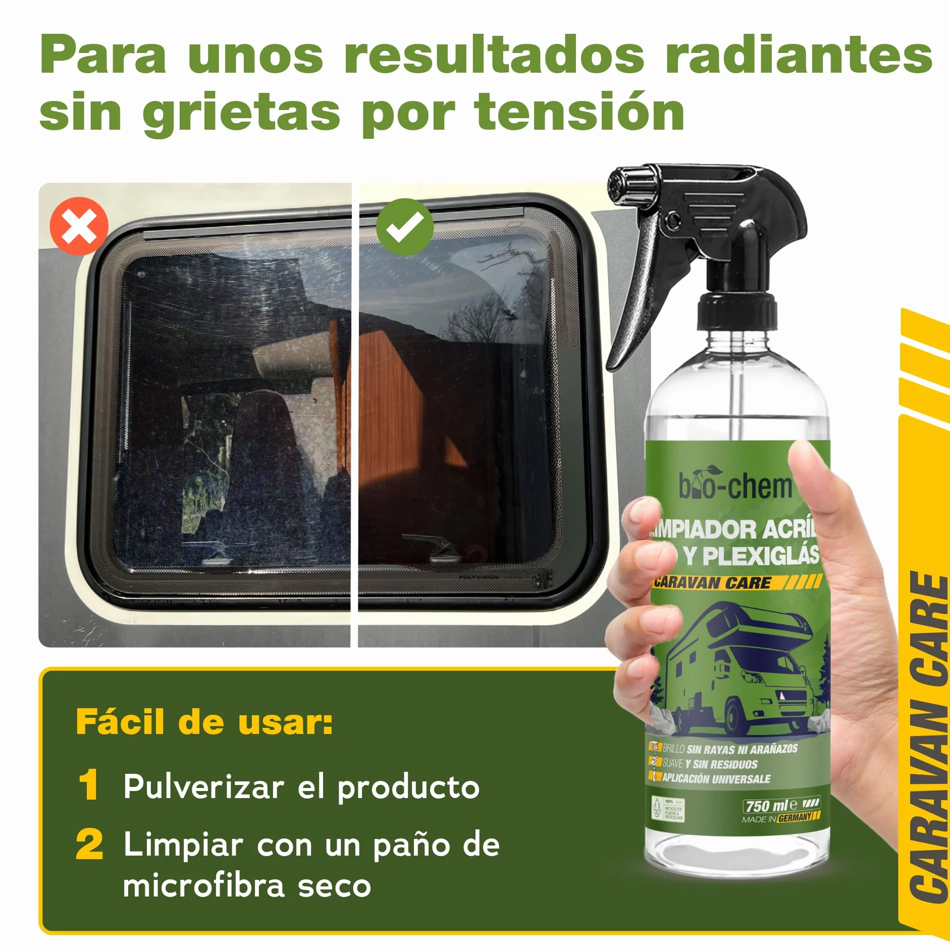 Bio-Chem - Limpiacristales acrílico y plexiglás 750 ml + paño de Microfibra - Limpiacristales para caravanas, autocaravanas y automóviles - Spray líquido para la Limpieza de Cristales de automóviles