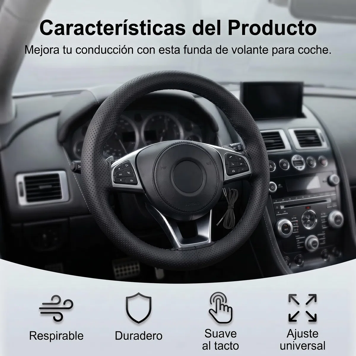 Funda Volante Coche Universal 38cm Cuero Antideslizante Negra | Transpirable, Con Agujas e Hilo para Coser, Accesorios Interior, Protector Volante