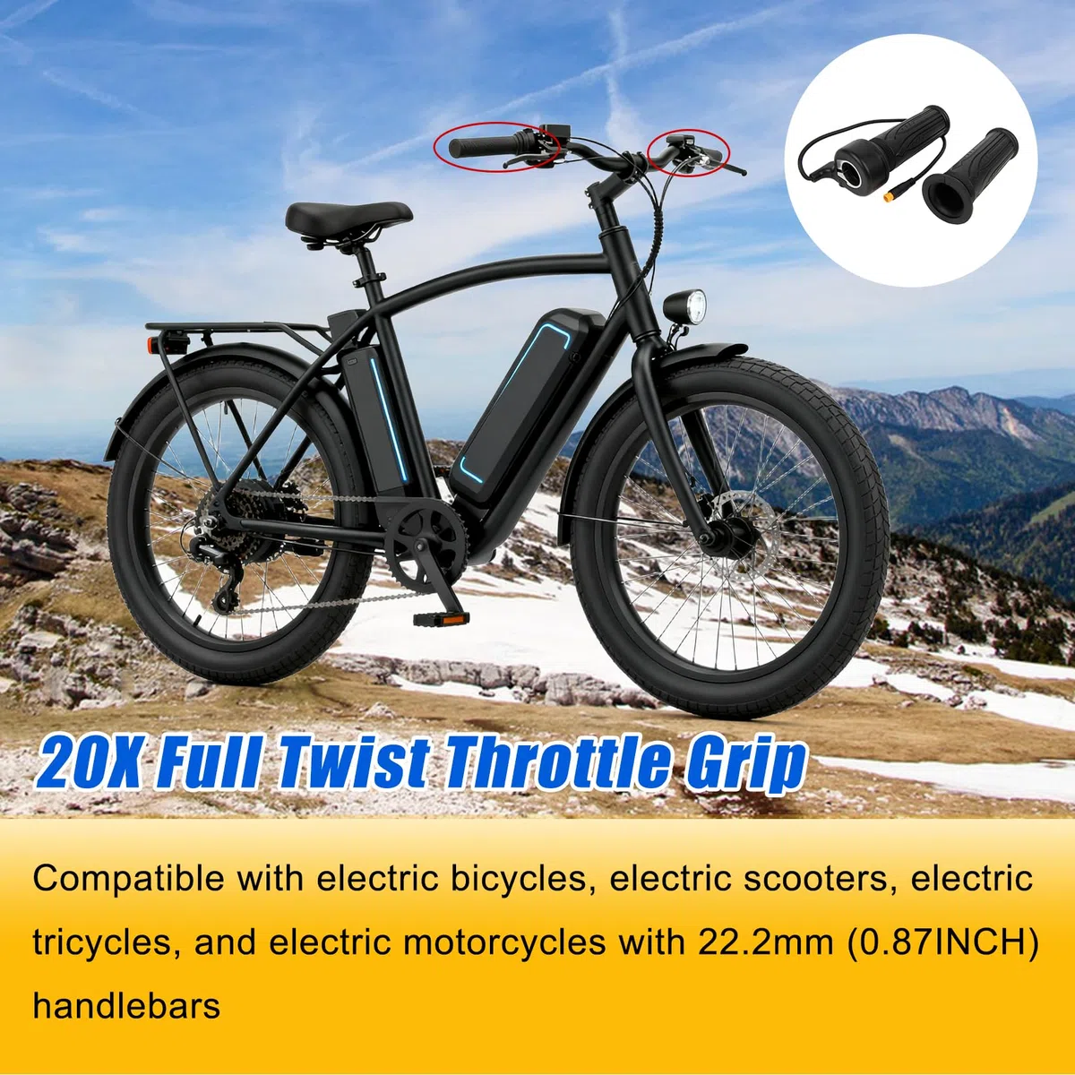 PSLER 20X Acelerador de giro completo para EBike, acelerador de 12V-72V de 3 pines para manillar de 22,2 mm para bicicleta eléctrica, scooter, motocicleta con conector impermeable