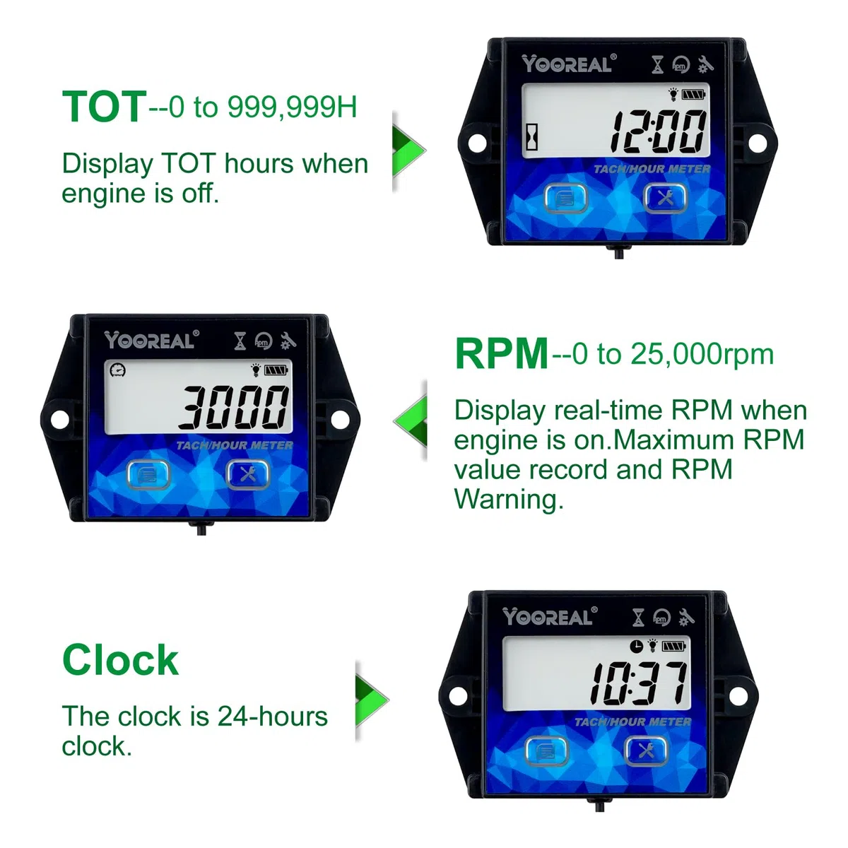YOOREAL Tacómetro digital horario de mantenimiento tacómetro máximo tacómetro con clip retroiluminación cortadora de césped impermeable generador de motocicletas soplador de nieve