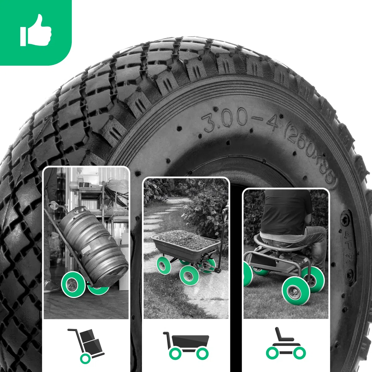 MOOVMOOV Neumático 3.00-4 (260x85) con Cámara de Aire Válvula Acodada TR87 | Compatible con Carretillas de Transporte, Remolques, Carros de Jardín de 4 Ruedas - Para Neumático 3.00-4