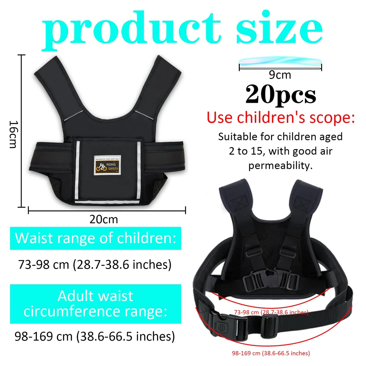 Cinturón de seguridad para motocicleta para niños, cinturón ajustable para moto, transpirable, con tiras reflectantes para niños entre 2 y 15 años