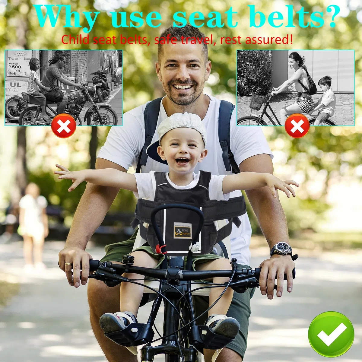 Cinturón de seguridad para motocicleta para niños, cinturón ajustable para moto, transpirable, con tiras reflectantes para niños entre 2 y 15 años