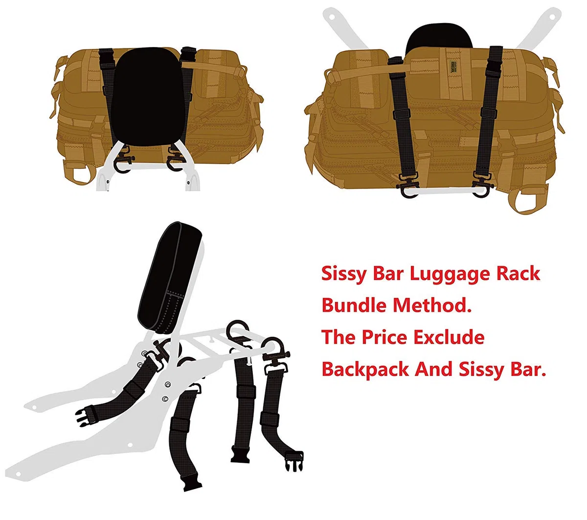 Adjustable Utility Sissy Bar Straps Travel Accessories Design For Seibertron Motorcycle Molle Bag Or Backpack Fit For Tall Sissy Bar Or Luggage Rack with Quick-Release Buckle Khaki