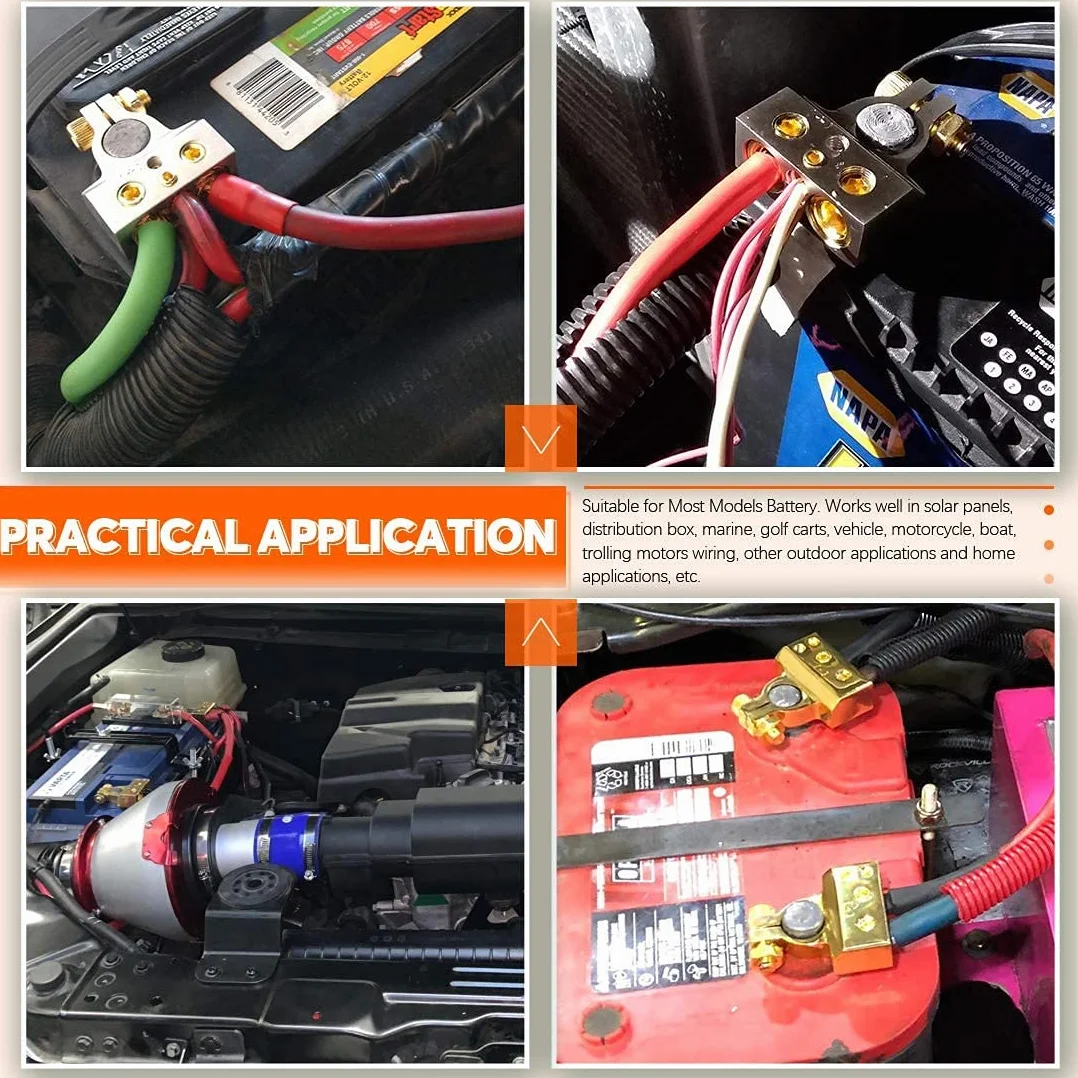 HUAZIZ 2PCS Terminales de Bateria de Coche 2/4/8/10 AWG Conectores de Batería Abrazadera de Terminal Positivo Negativo +/- con Cubierta Protectora Transparente, Oro