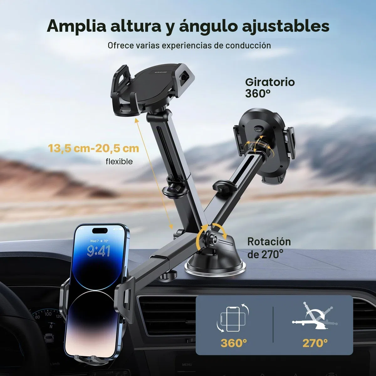 Miracase Soporte Movil Coche [Ultra Estable y Potente Ventosa] Suporte Telemovel Carro para salpicadero y Parabrisas y Aire Ventilación [3 en 1] Porta Movil Coche para Teléfonos de 4-7''