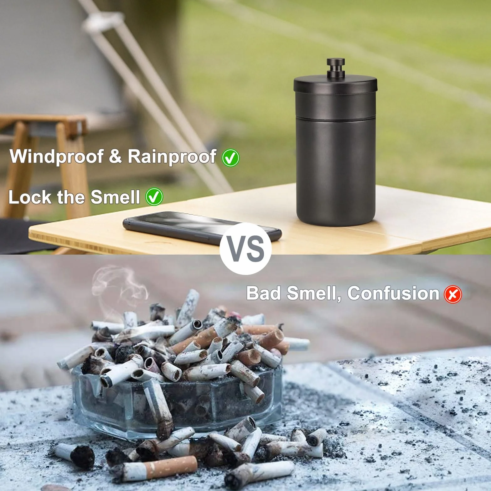 Cenicero Exterior de Acero Inoxidable, Ceniceros Antiolor con Tapa a Prueba de Viento Windproof Ashtray Outdoor para Jardin Oficina Balcón Coche Sala de Estar, Negro