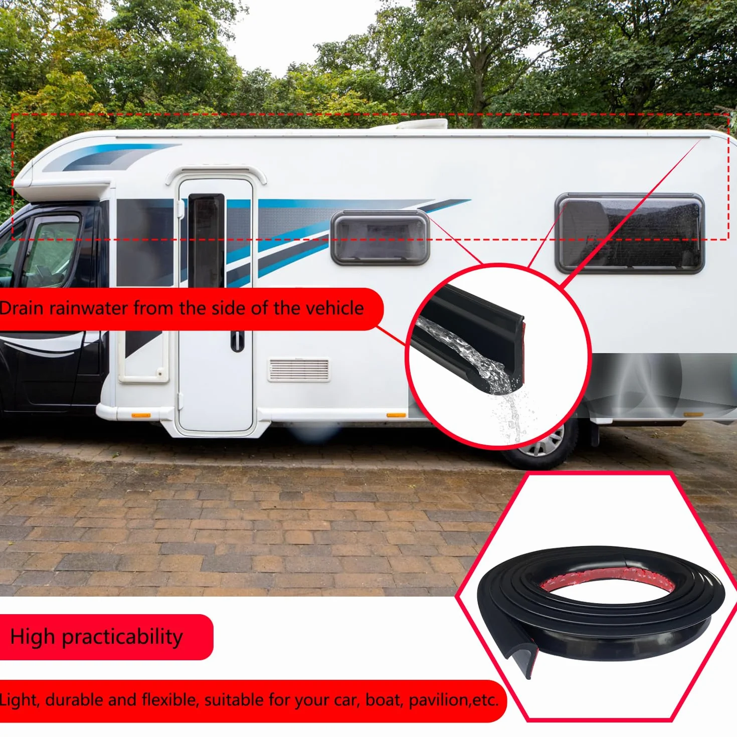 Riel de Goteo 2.5m Tira de Lluvia en Forma de J PVC Drip Stop Vierteaguas Autocaravana para Vehículos Caravanas Barcos Puertas Techos (Negro, 2.5M)