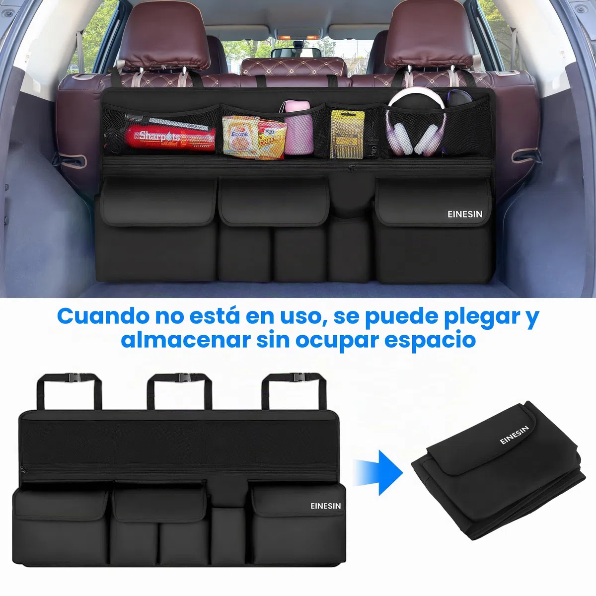 Einesin Organizador Maletero Coche Colgante con 9 Bolsillos, organizador Furgoneta, Organizador Coche Impermeable Plegable,105 x 52 cm