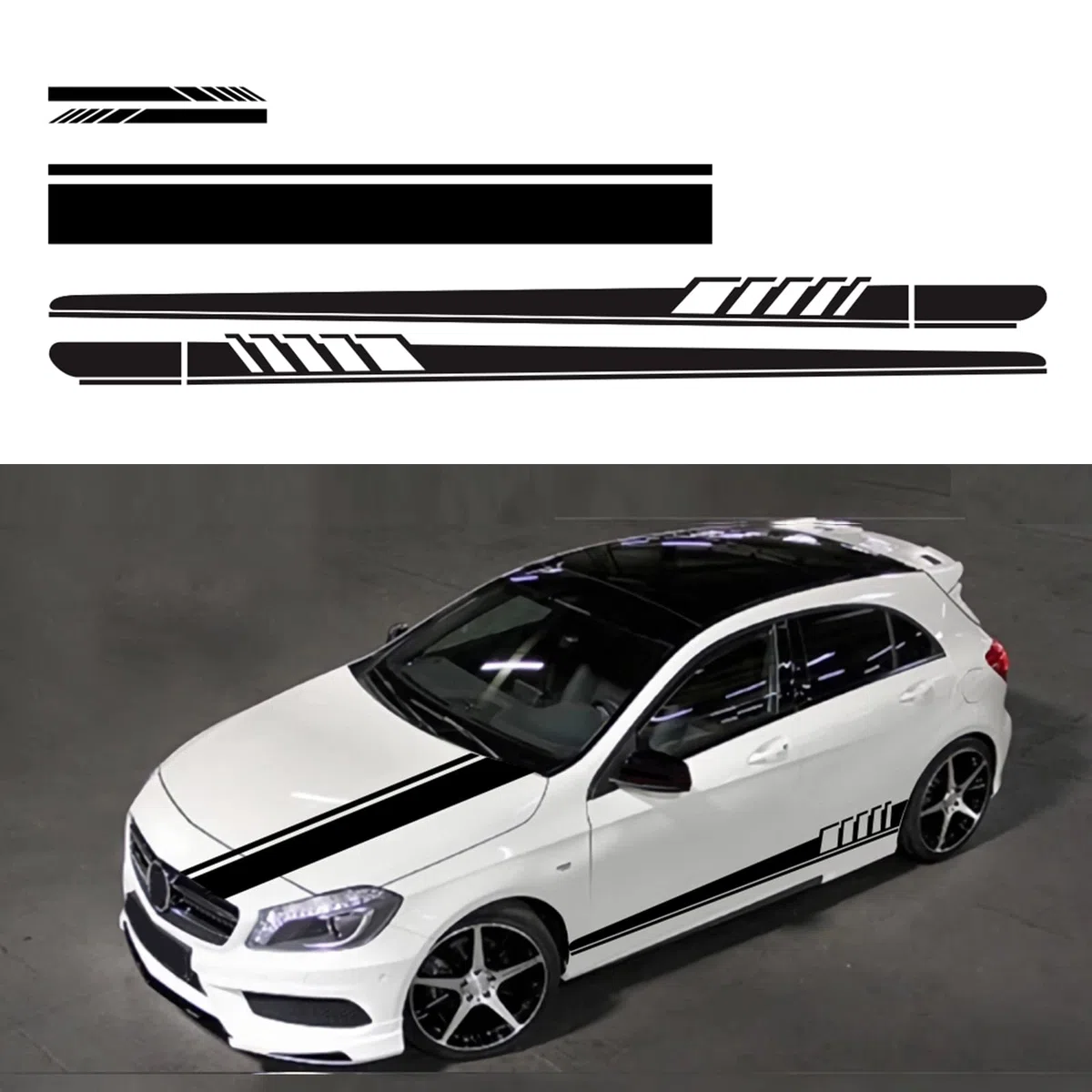 Juego de 5 pegatinas de vinilo para coche, diseño de rayas de carreras, decoración para espejo retrovisor, capó, puerta, universal, para coche, SUV, camión (negro)