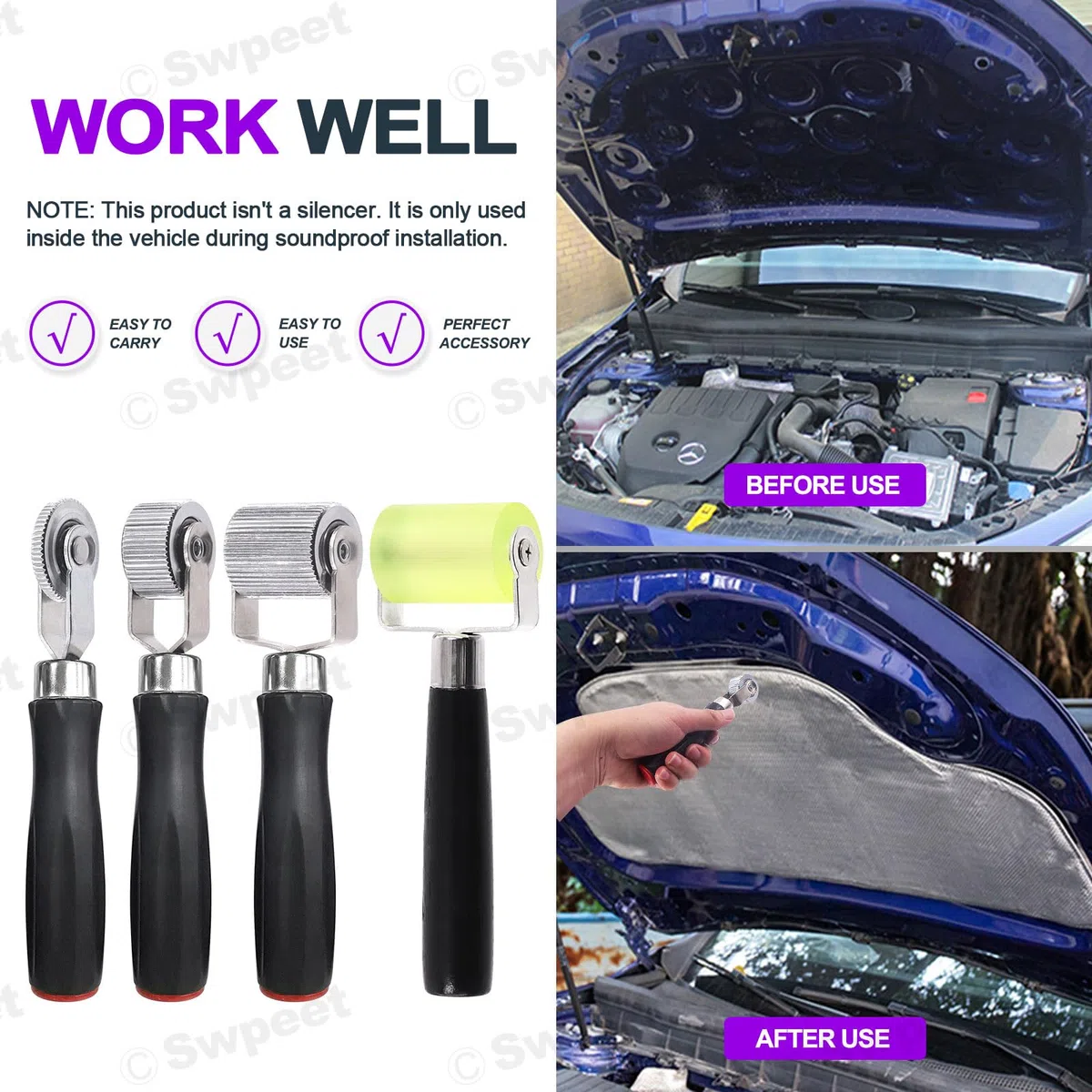 Swpeet Juego de 4 rodillos insonorizantes de 3 tamaños para coche, 6mm 20mm 40mm herramienta de instalación de rodillos de ruido de metal para auto con cinta de papel de aluminio de 66 pies, cinta de