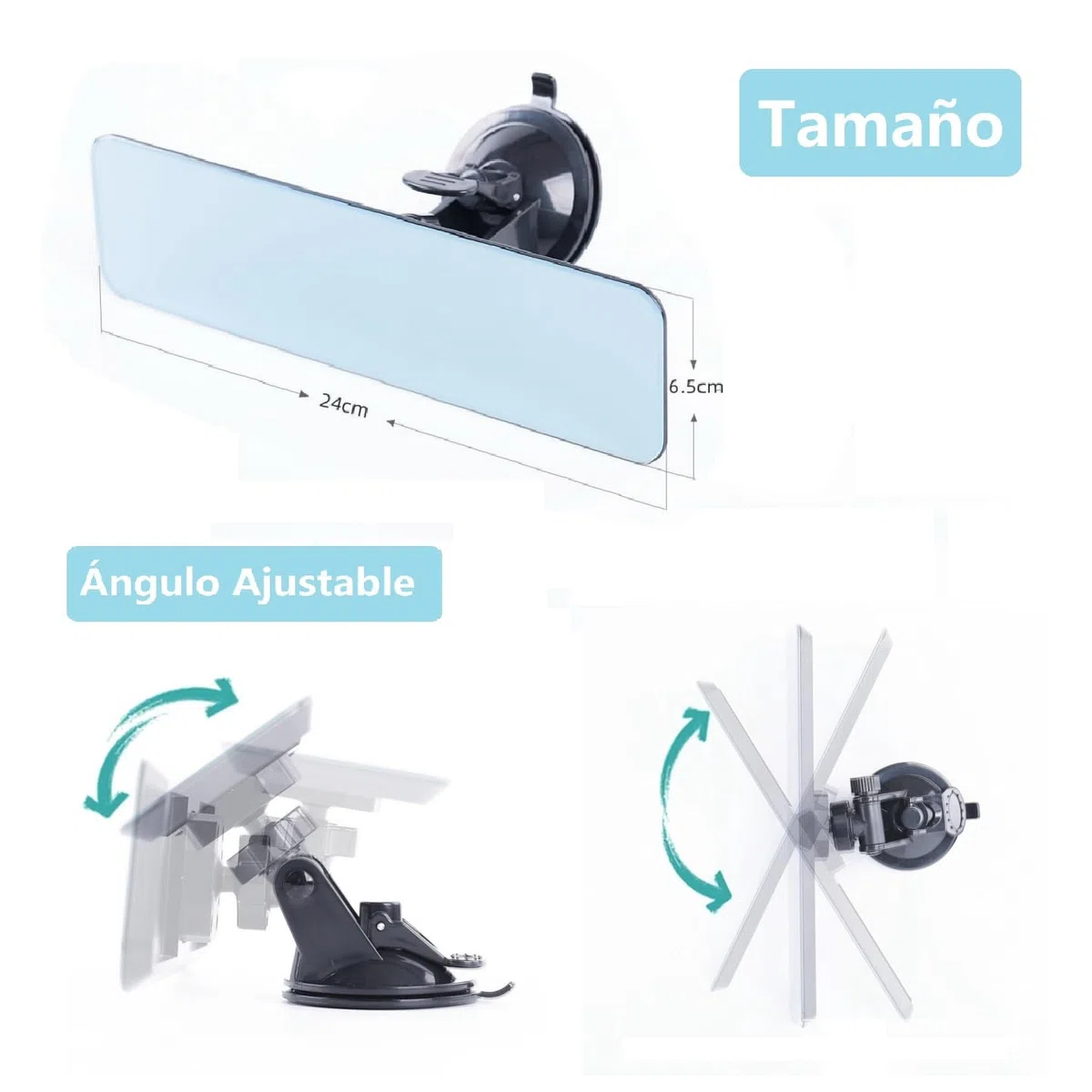24 * 6,5cm Espejo Retrovisor Cuadrado Antideslumbrante sin Marco con Ventosa, Espejo Azul Universal de Coche, Espejo Plano de Gran Ángular, Eje Cardán con Ángulo Ajustable