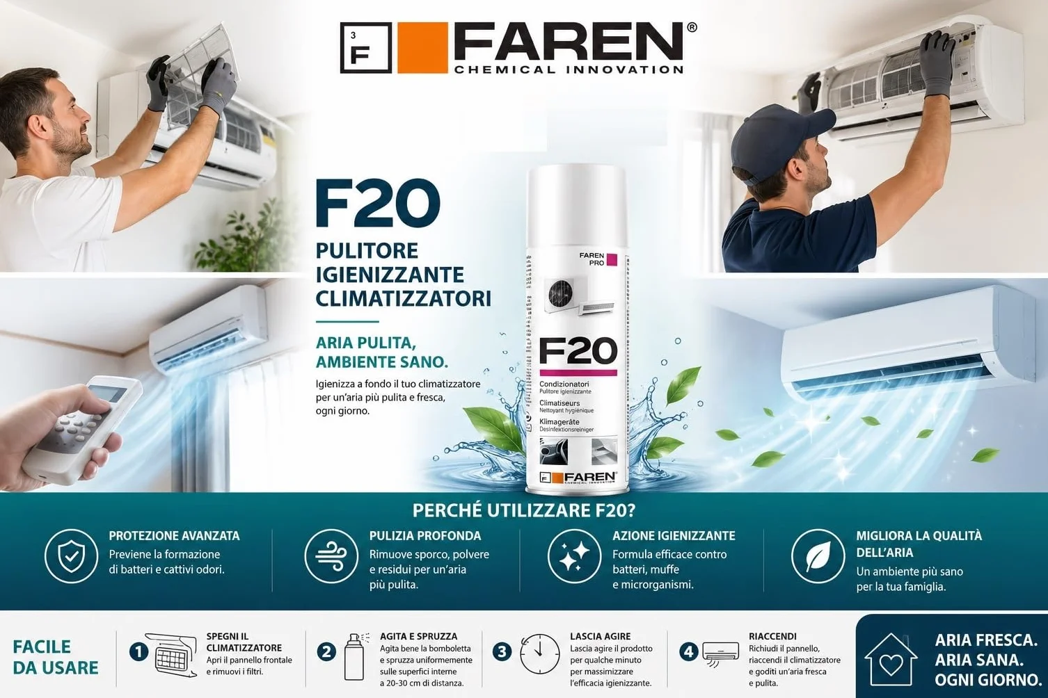 Faren F20 - Higienizante en spray para climatizadores de casa y coche, agradablemente perfumado a base alcohólica, 400 ml