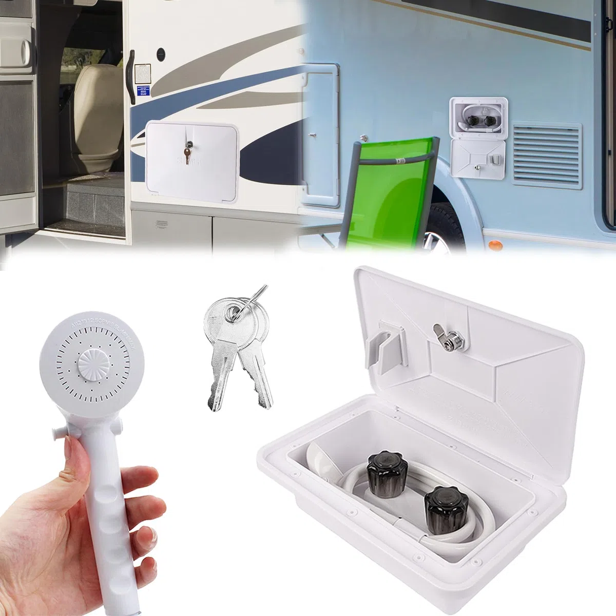 Ducha Para Autocaravana, Ducha Para Acampar Kit De Duchas Al Aire Libre Caja De Duchas Para Autocaravana Con Interruptor De Agua FríA Y Caliente Y Cabezal Para Caravana Marina Blanco