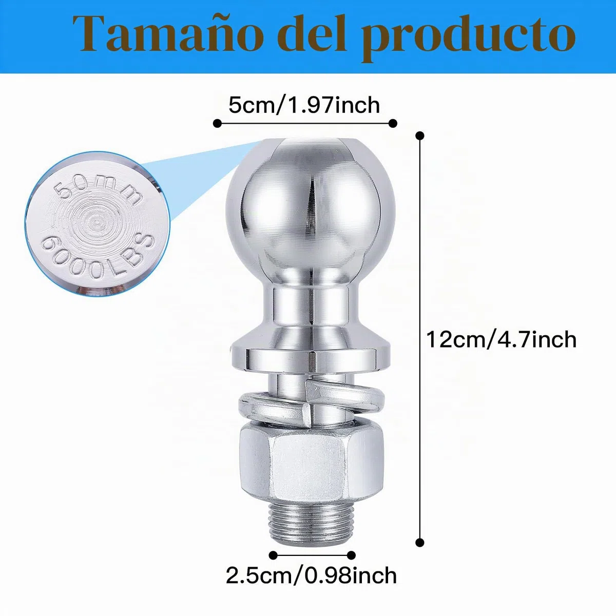 Bola Remolque, 50 mm 3.5T Bola de Enganche de Remolque, Ø25mm Bola Enganche para Tractor, Cabeza de Bola Remolque para Carril de hasta 3,5 T