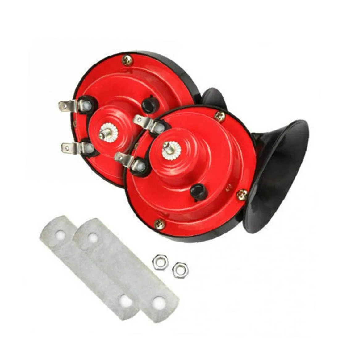 Caracol Cuerno de Aire de Tren Cuerno Kit de Motocicleta eléctrica de Hornos 24V 300DB Muy Ruidoso Cuernos de Camiones Coches Motos Barcos Negro Red 2 Piezas
