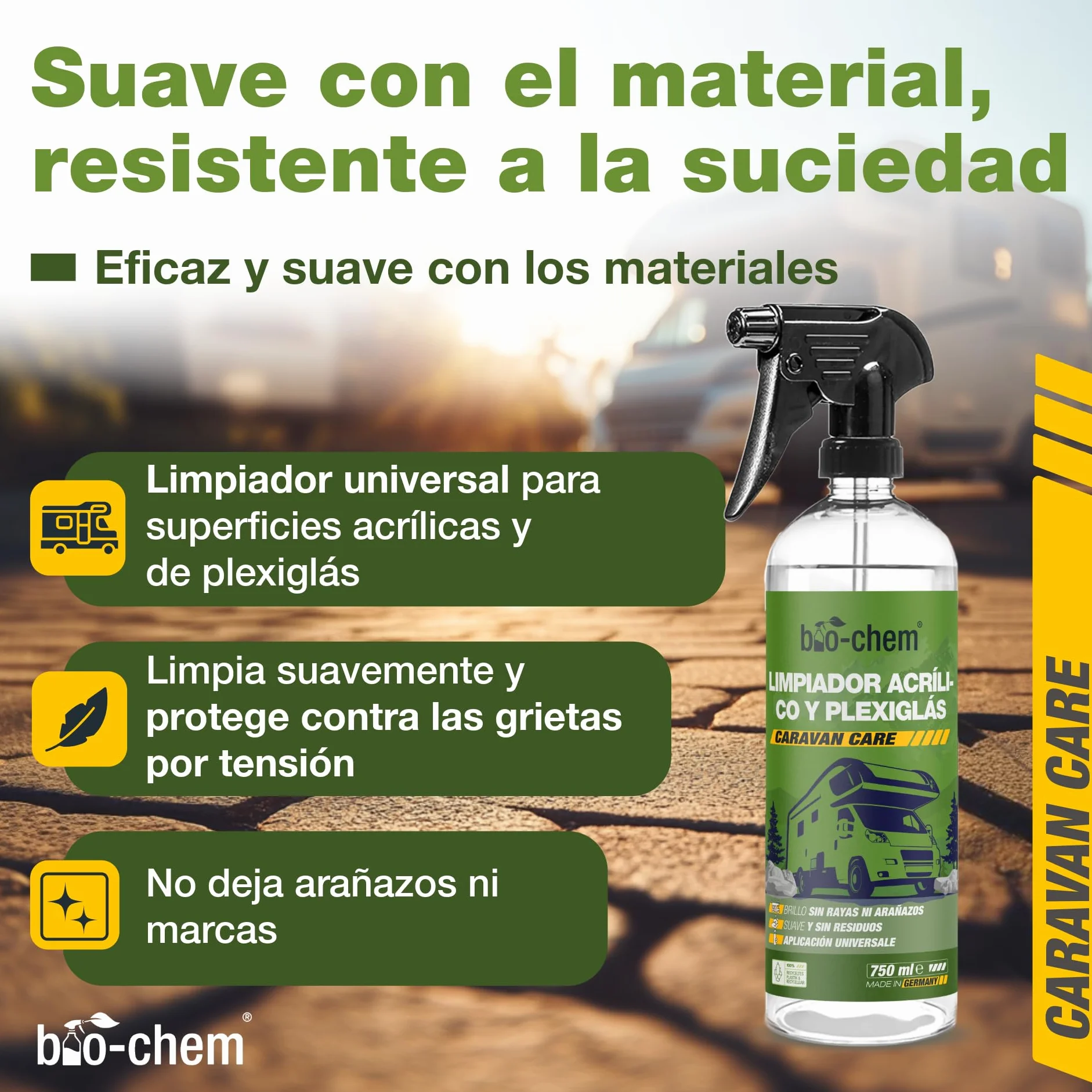 Bio-Chem - Limpiacristales acrílico y plexiglás 750 ml + paño de Microfibra - Limpiacristales para caravanas, autocaravanas y automóviles - Spray líquido para la Limpieza de Cristales de automóviles