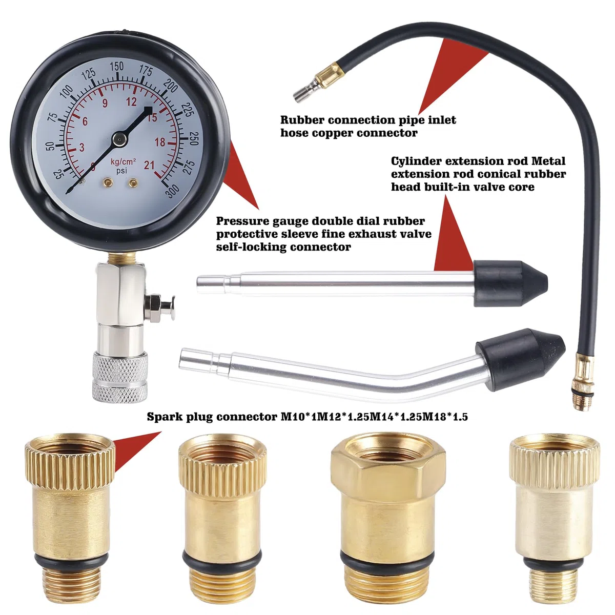 Kit de Tester de Compresión: PRITOK Comprobador de Compresión Estándar, Compresión de Cilindro Motor Kit para Probar Motocicleta Coche Auto Motor Fueraborda Motosierra Moto de Nieve M10 M12 M14 M18