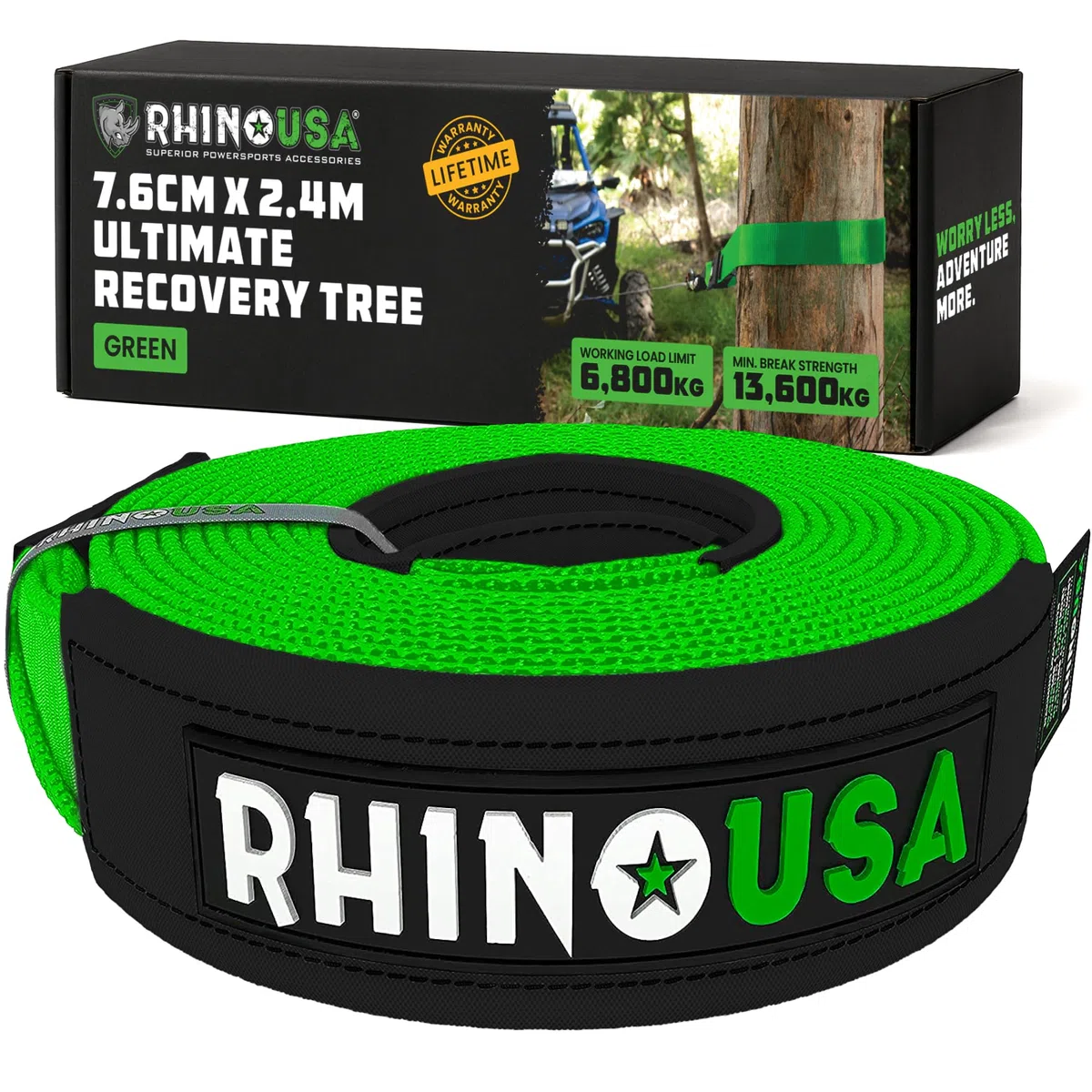 Rhino USA Cuerda de Remolque y Recuperación - Correa para Remolcar Desde Árbol 7.6 cm x 2.4 m - con Resistencia a Rotura de 13,600 kg - Extremos en Bucle Triple Refuerzo - Verde