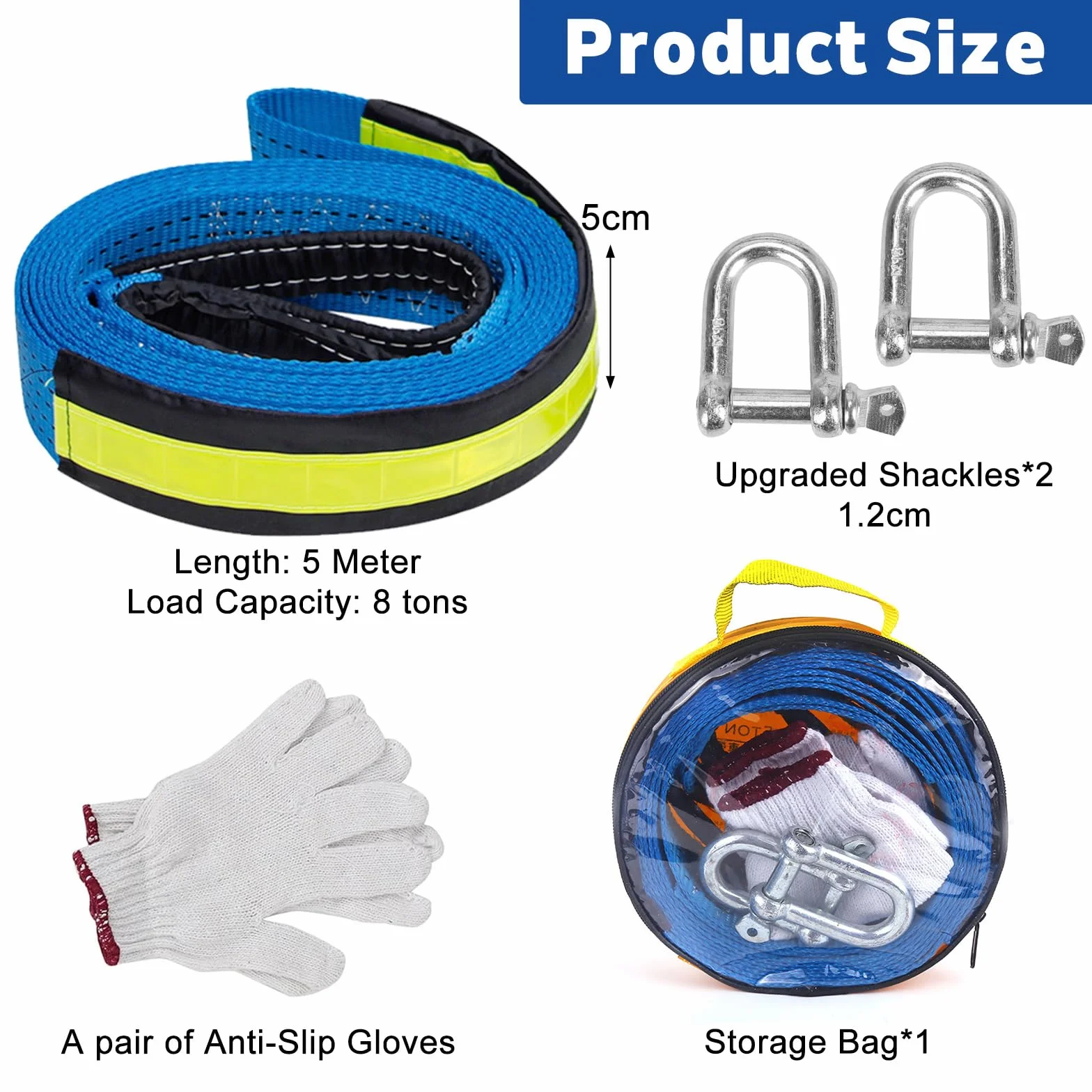 Eslingas de Carga para Remolque Coche 8T, 5 M x 5 CM Accesorios Todoterreno con 2 Grilletes 2 Guantes 1 Bolsa de Almacenamiento, Accesorios Coche para Recuperación Vehículo Coche SUV