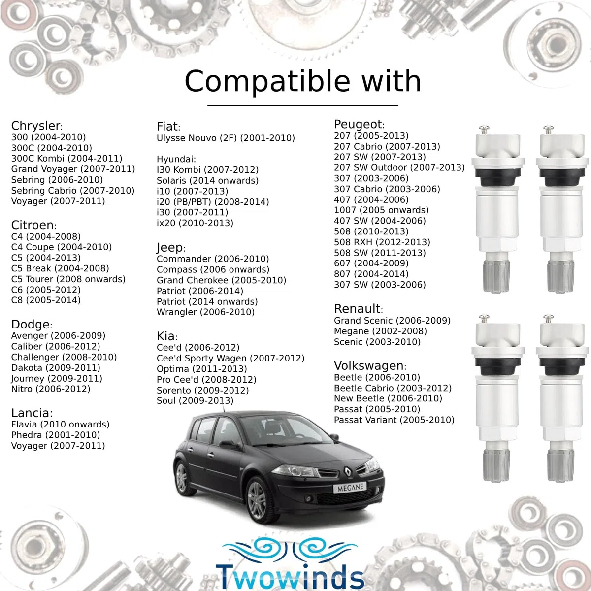 Twowinds - Válvula Sensor de Presión Compatible con Citroën C4 C5 C8, Peugeot 207 307 407 807, Ford Mondeo, Galaxy, Jeep (2006-2014), Renault Megane, Scenic - TPMS (lote de 4 piezas)