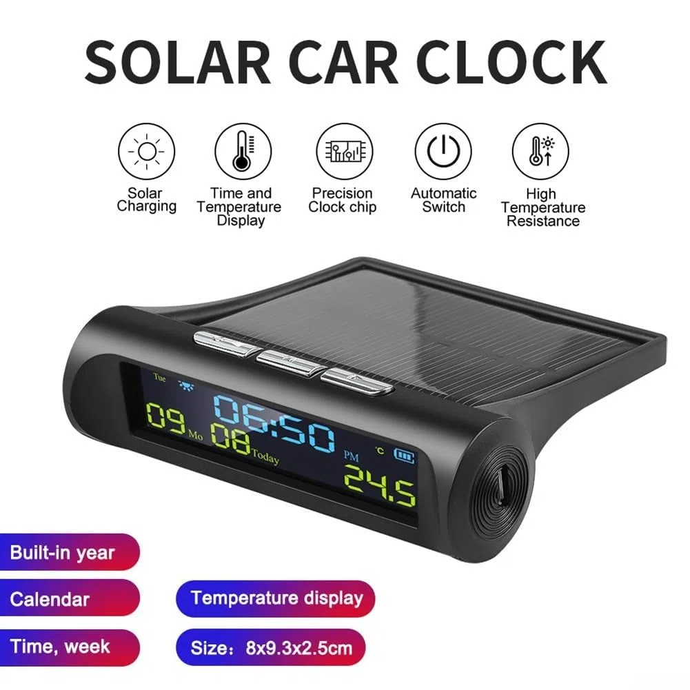 AN01 - Reloj Digital Solar para Coche con Pantalla de Fecha y Temperatura, Accesorios Interiores para salpicadero