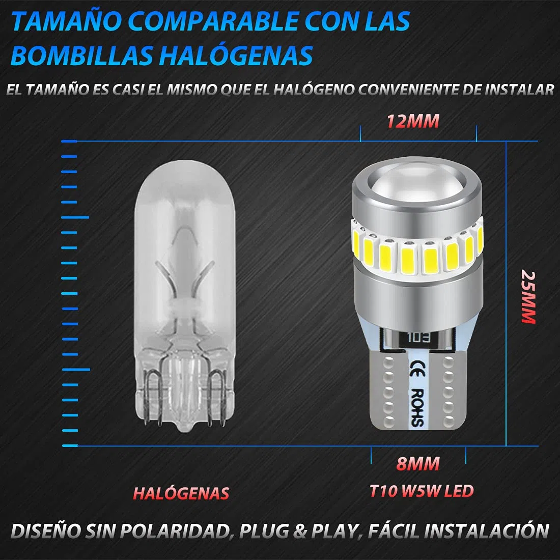 Briteye Bombillas T10 W5W LED 6000K Luz Blanca Bombilla Posición LED Matricula LED (4pcs)