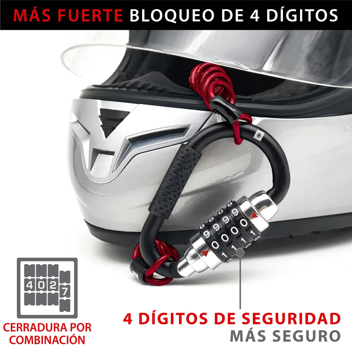 KRASER KR723B Candado Mosquetón Casco Moto, Cerradura Combinación 4 Digitos Más Fuerte, Adaptador T y Cable Seguridad, Compacto Accesorio Antirrobo Universal para Casco Moto Bicicleta Chaqueta