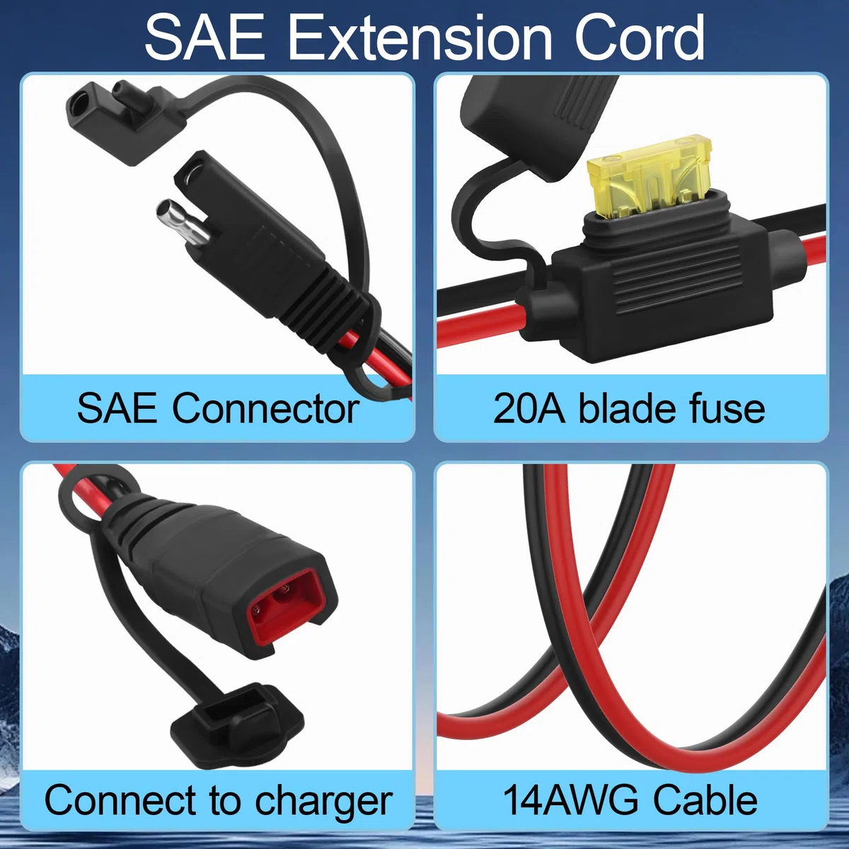 2 cables de extensión SAE, cable SAE de cargador de batería para cargadores inteligentes Genius, fusible de 20 A, cable conector impermeable de 12 V/24 V para motocicleta, ATV UTV, Harley